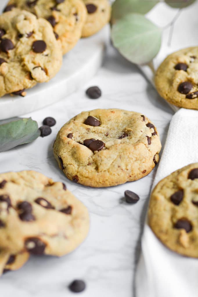 portrait of chocolate chip cookies on a marble board
