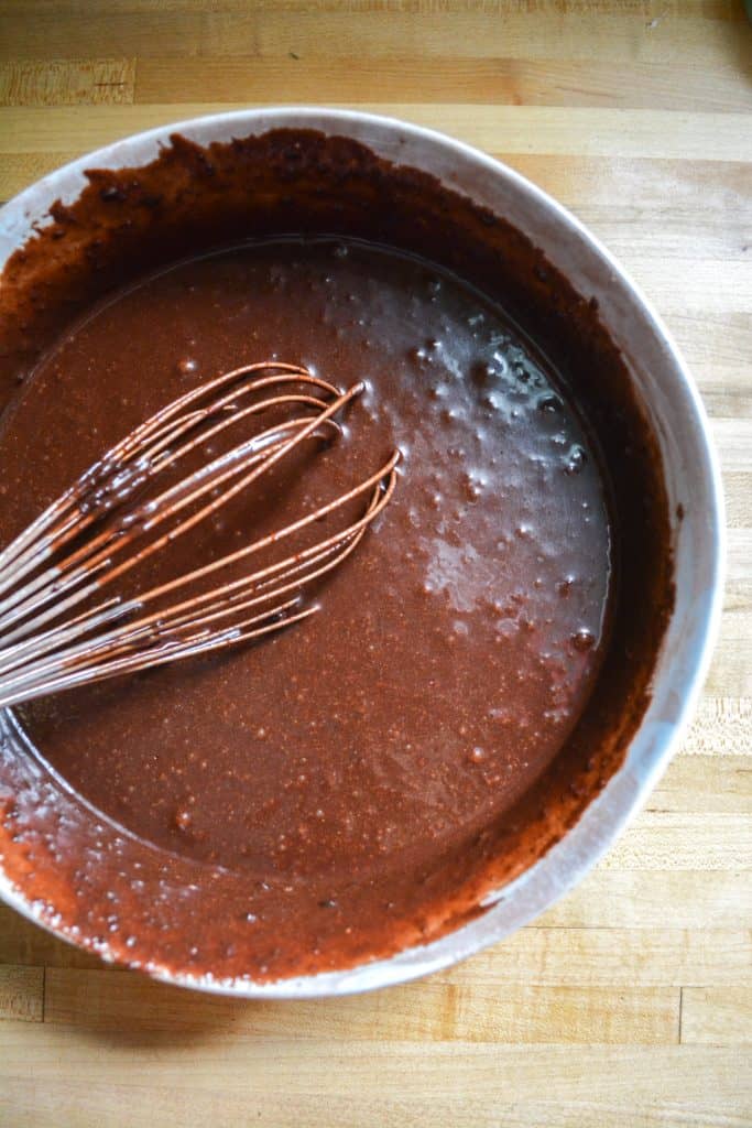gluten-free chocolate cake batter in a bowl.