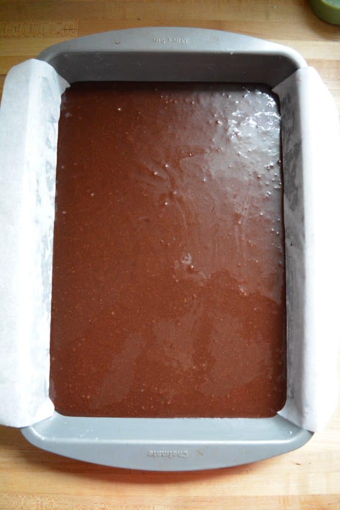 Overhead picture of batter in a cake pan