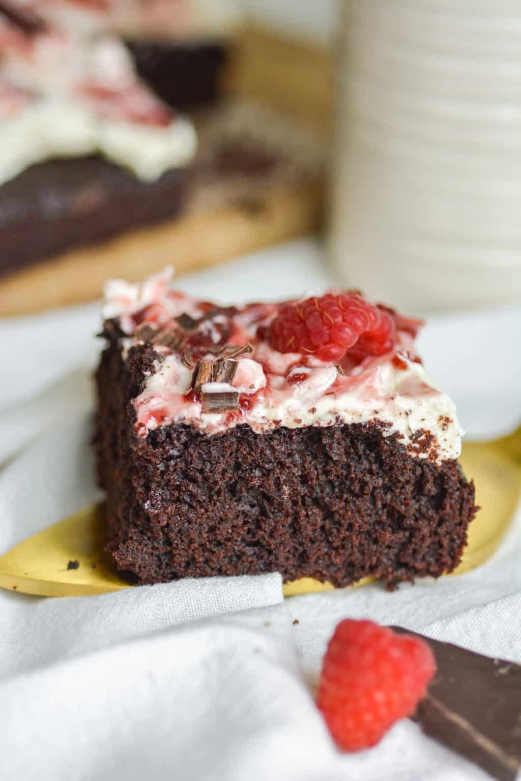 Vegan Gluten Free Raspberry Chocolate Sheet Cake (Moist + Tender