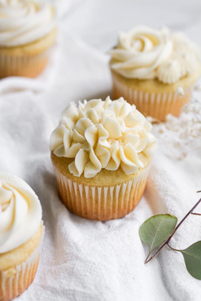vegan cupcake frosted with dairy free buttercream