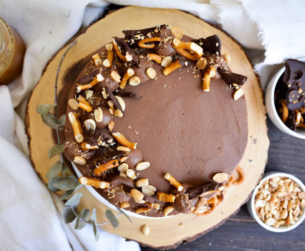 chocolate cake with peanuts and pretzel by Earthly Bakers Co.