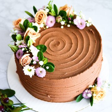 Cake frosted with dairy free Vegan Chocolate Buttercream Frosting