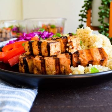 Close up of plated Chili Garic Marinated Tofu