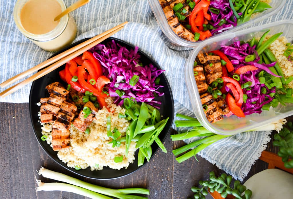Thai tofu grain bowls, meal prepped and plated
