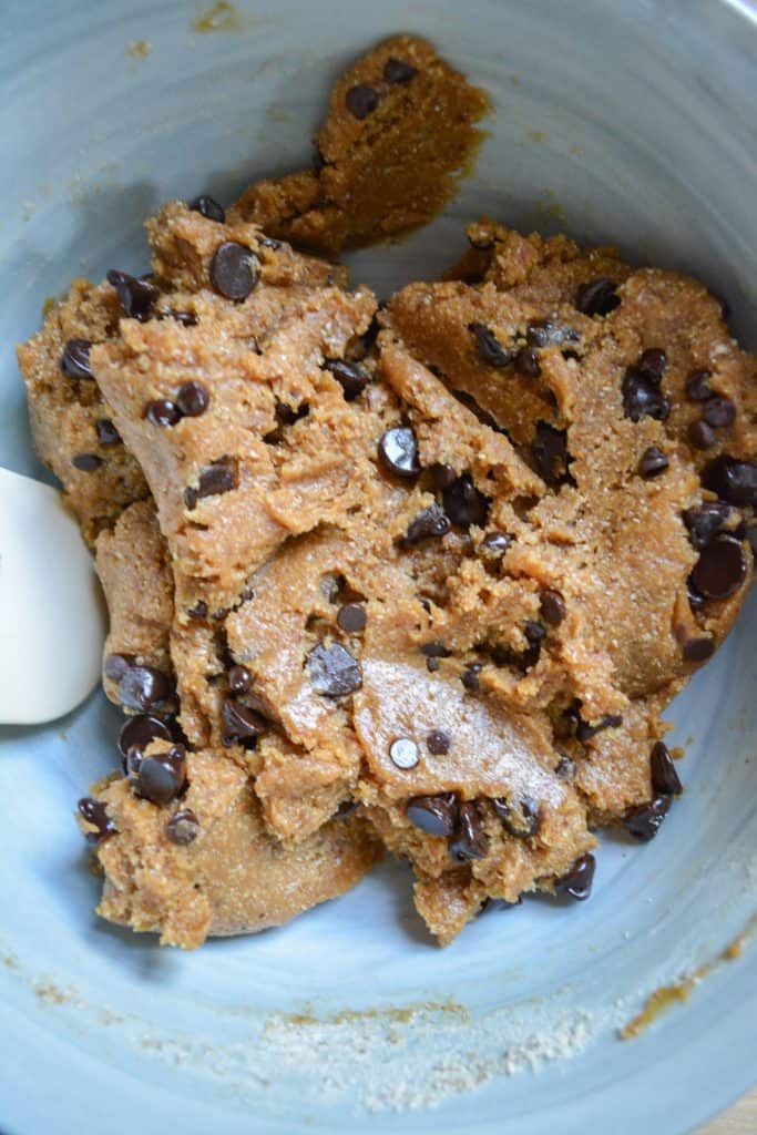 chocolate chips stirred into the dairy free egg free blondie batter