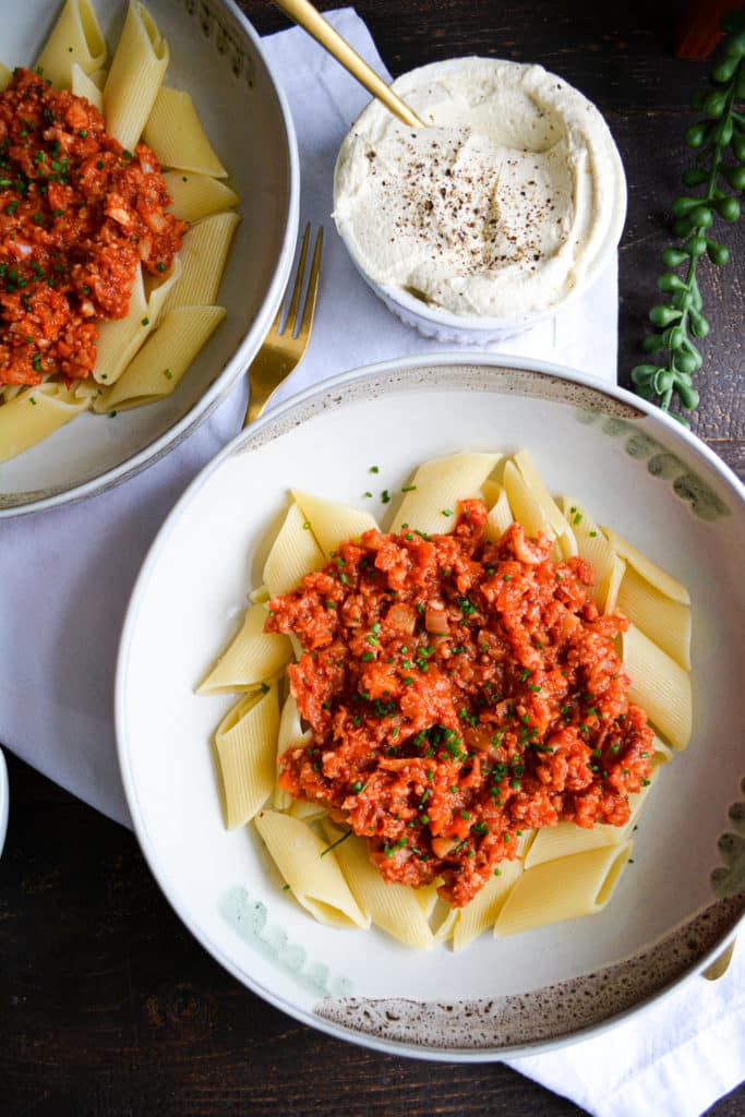 portraif of pasta with Hearty Cauliflower Bolognese