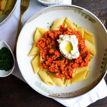 Landscape of pasta with Hearty Cauliflower Bolognese