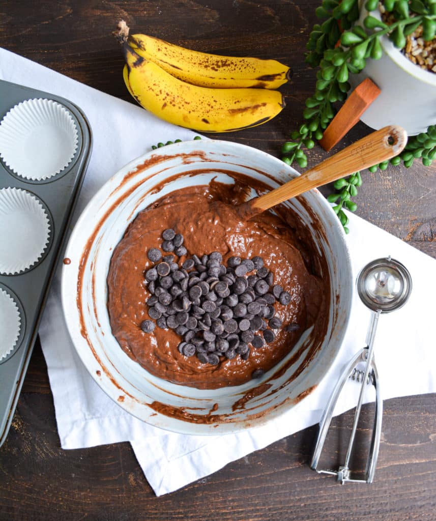 Double Chocolate Banana Muffin batter in a bowl with a scoop