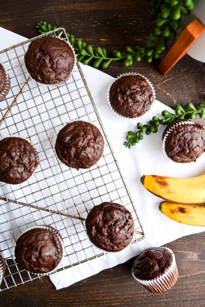 Double Chocolate Banana Muffins on a cooling rack