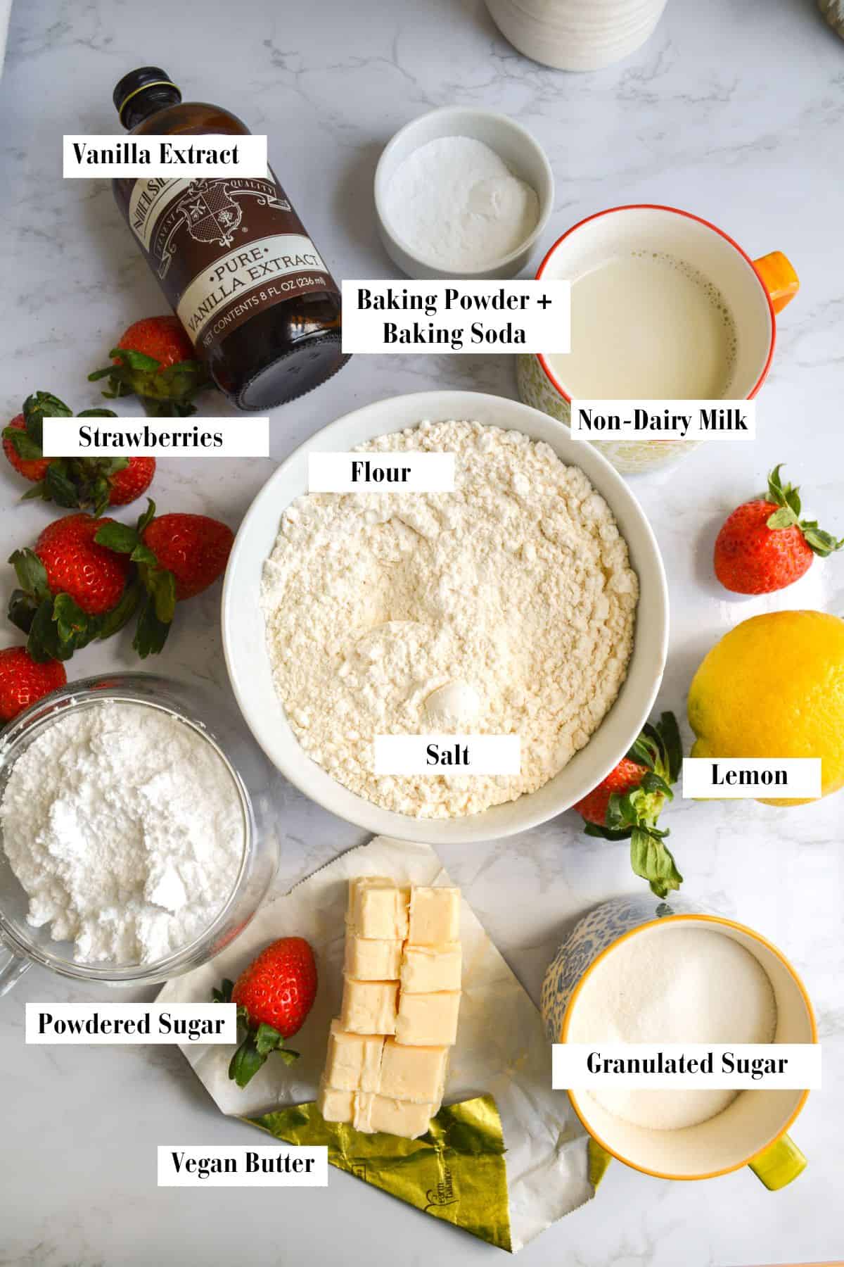 Overhead photo of ingredients needed for this vegan scone recipe.