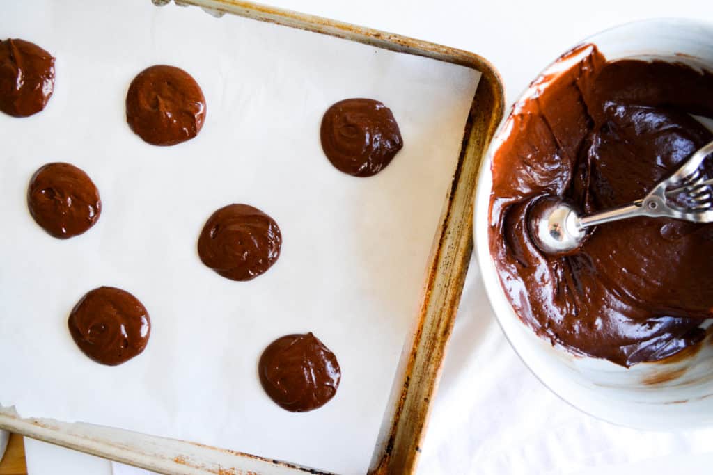 Whoopie Pie Batter on a sheet pan and in a bowl