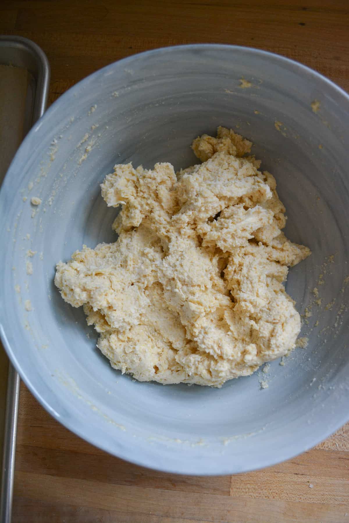 Finished Vegan fluffy cornmeal drop biscuit dough.