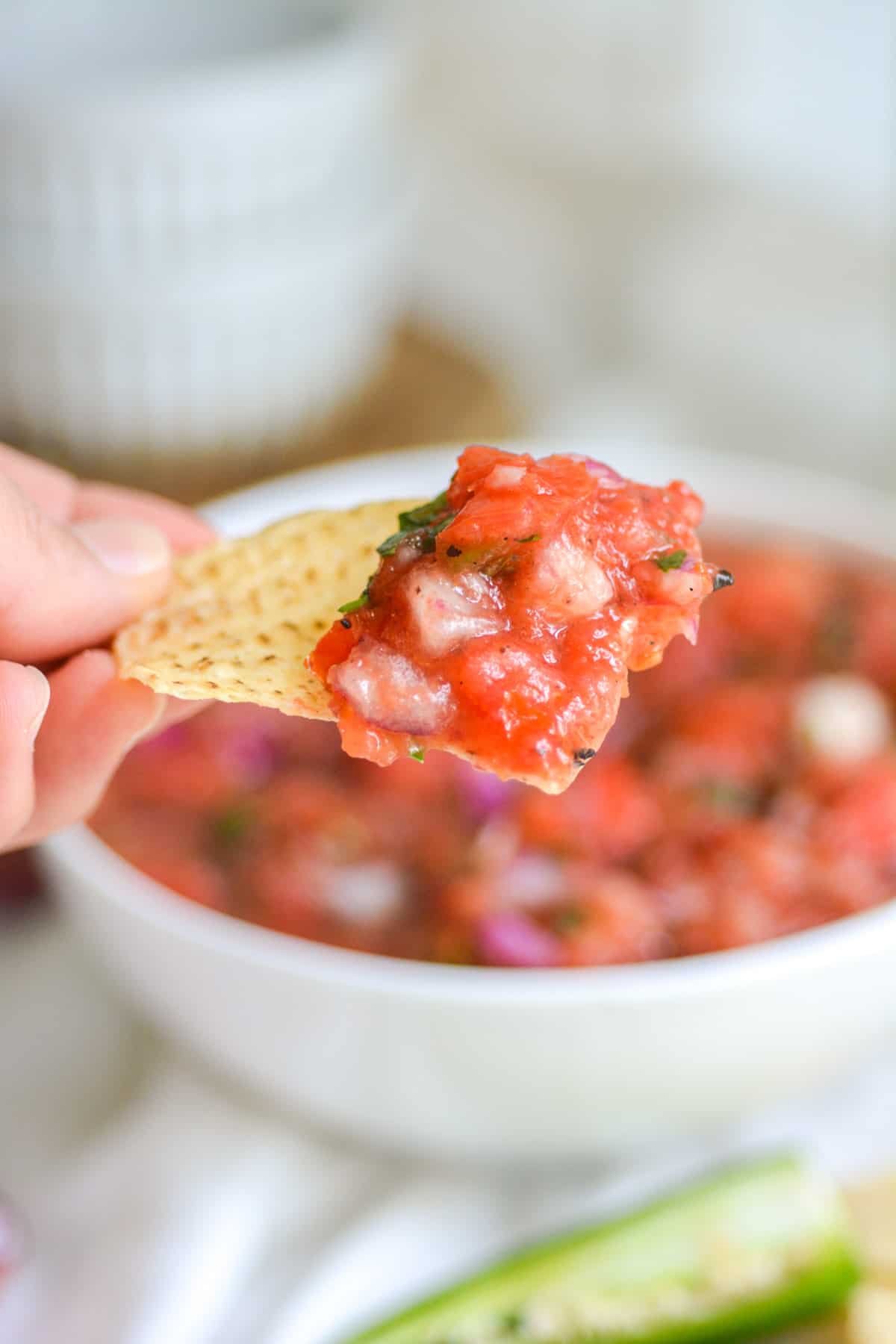 Hand holding a chip with salsa on it.
