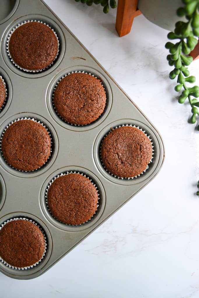 One-Bowl Chocolate Cupcakes in a muffin tin