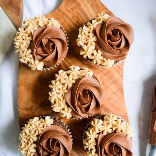 One-Bowl Chocolate Cupcakes on a wooden board