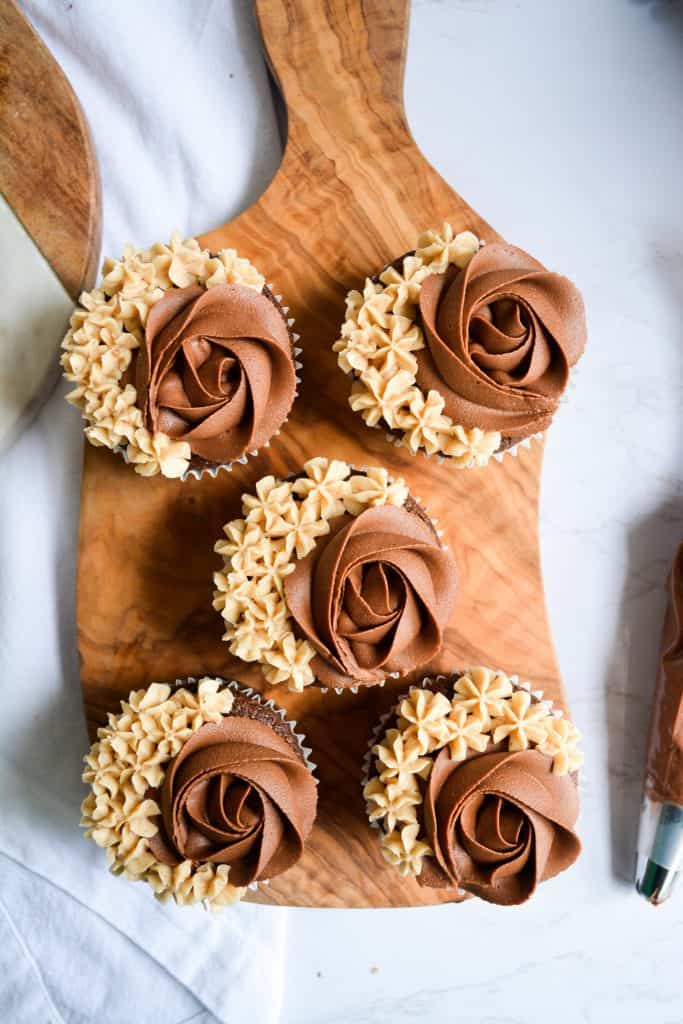 One-Bowl Chocolate Cupcakes on a wooden board