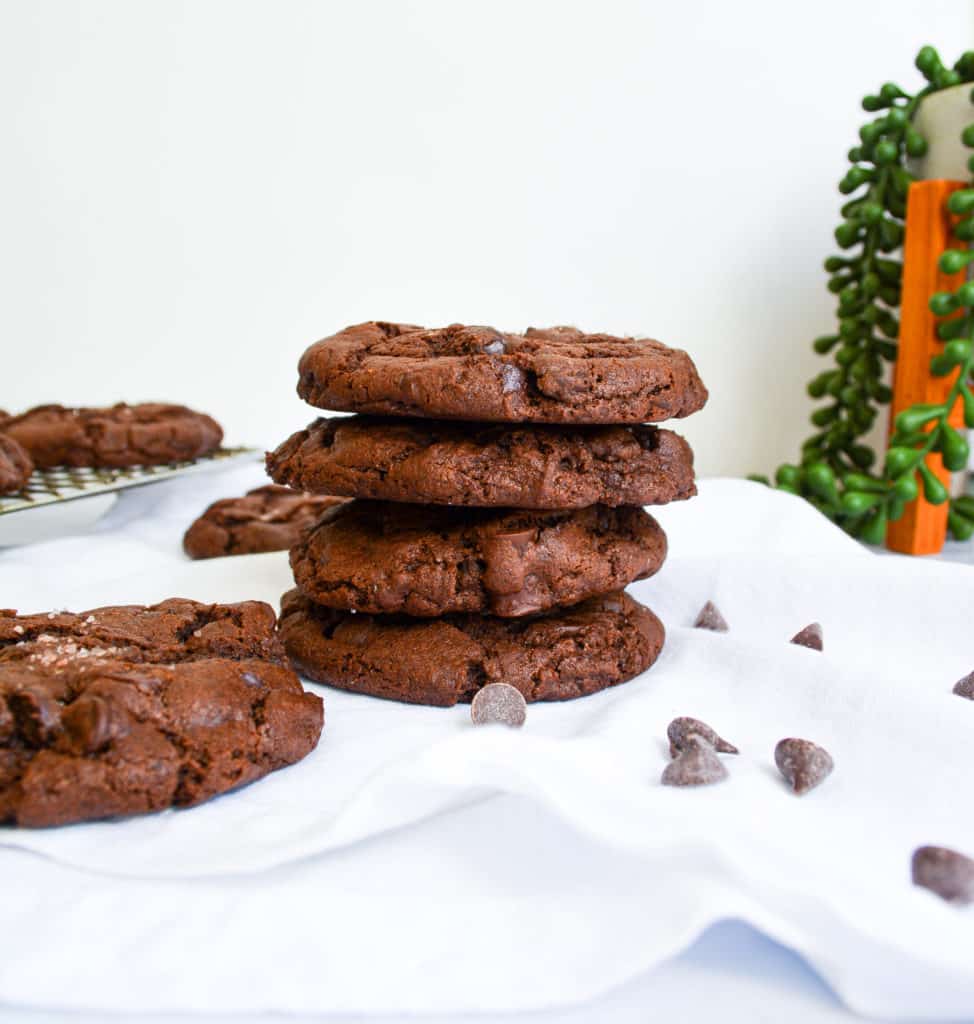 Stack of Vegan Double Chocolate Cookie on a white cloth