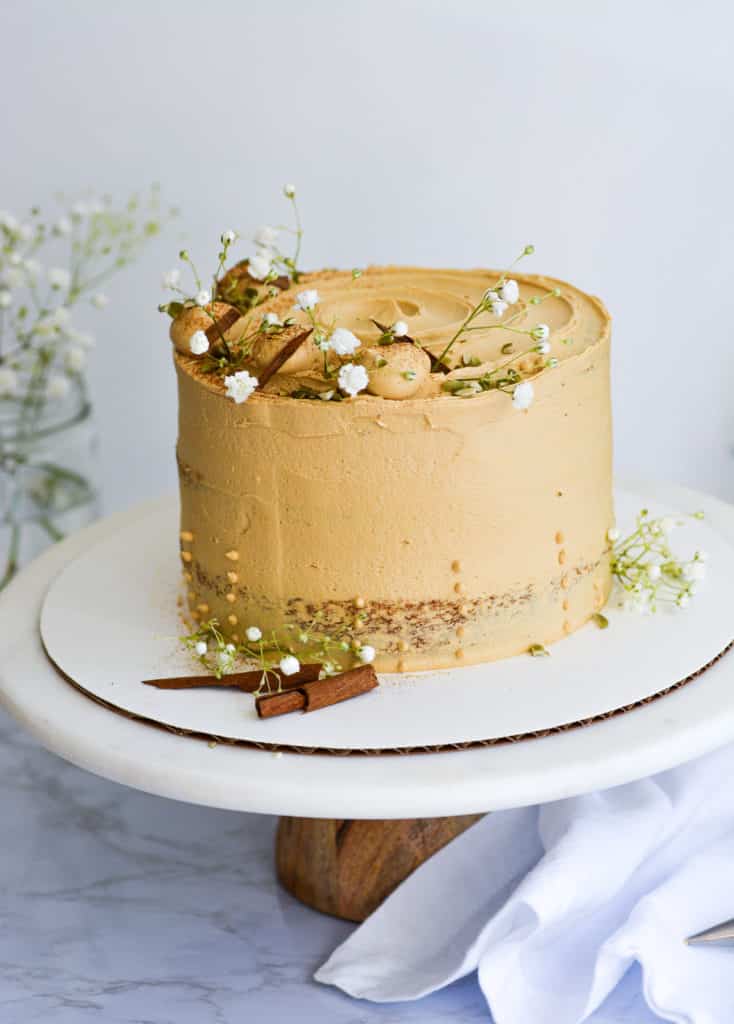Decorated Pumpkin Spice cake of a cake stand