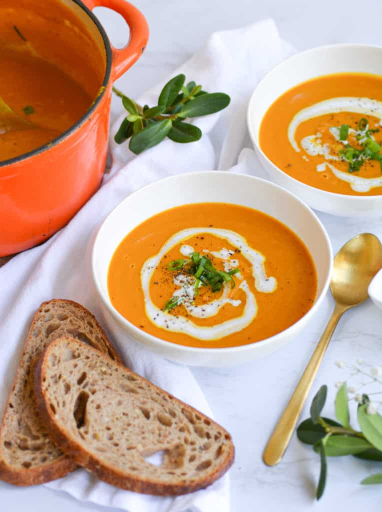 two bowls of Winter Squash Soup with toast