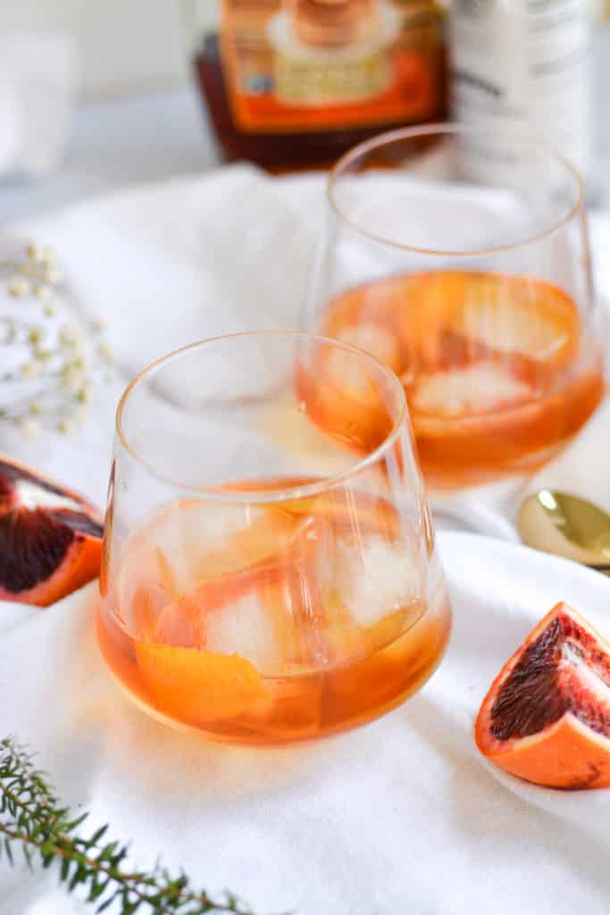 close up of an old fashioned with blood orange slices