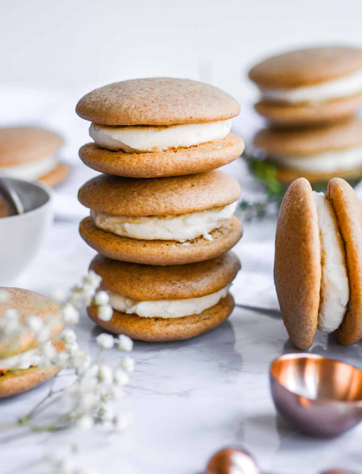 three vegan chai whoopie pies stacked on eachother