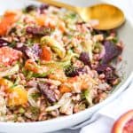 bowl of vegan winter farro salad with fennel, beets and citrus in a bowl