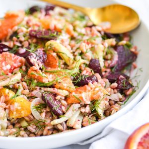 bowl of winter farro salad with fennel, beets and citrus in a bowl