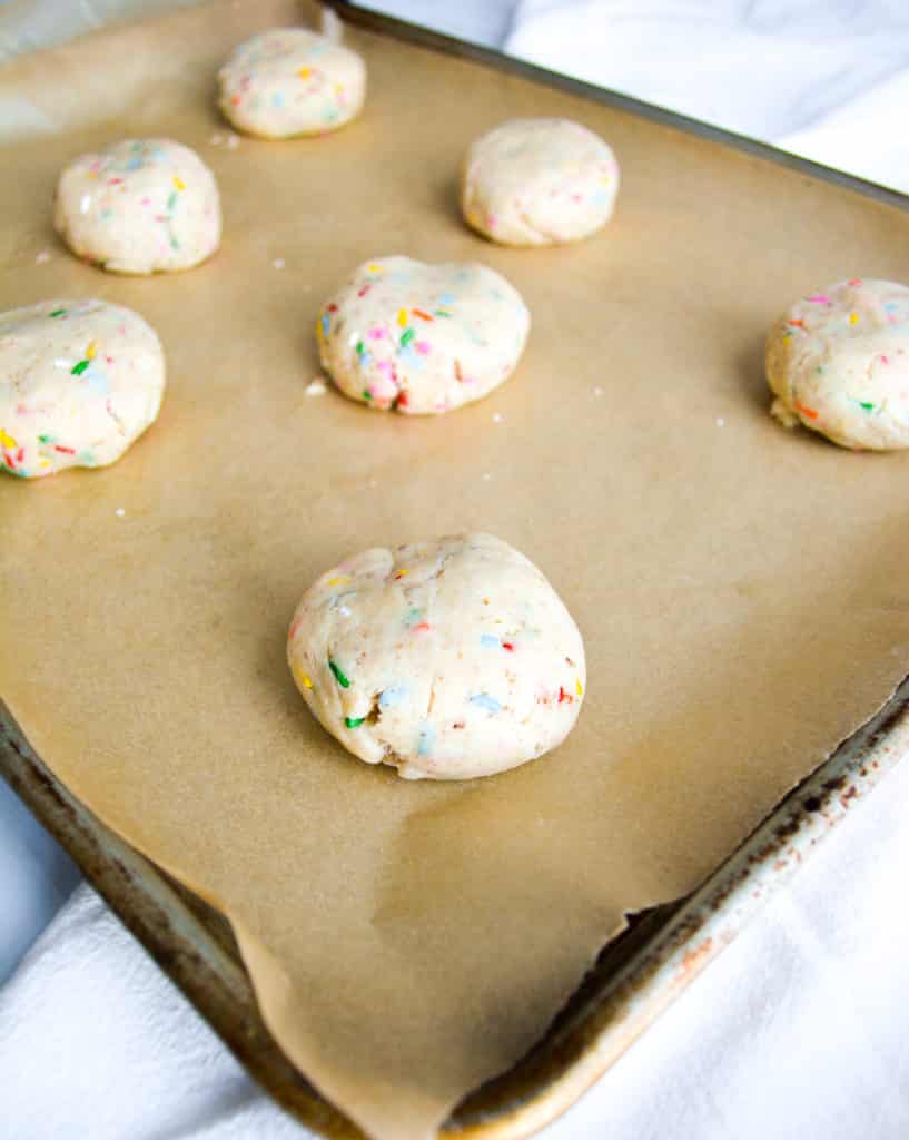 Sugar Cookies on a sheet pan ready for the oven