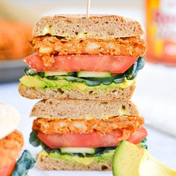 Buffalo Chickpea Burger cross section stacked on top of each other