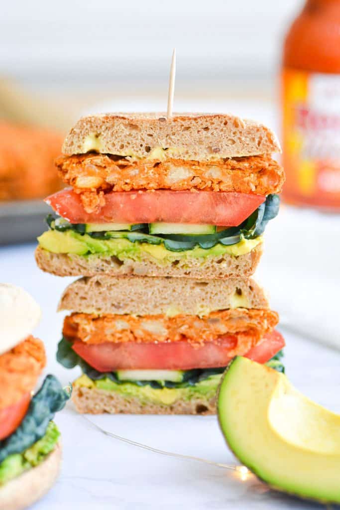 Buffalo Chickpea Burger cross section stacked on top of each other