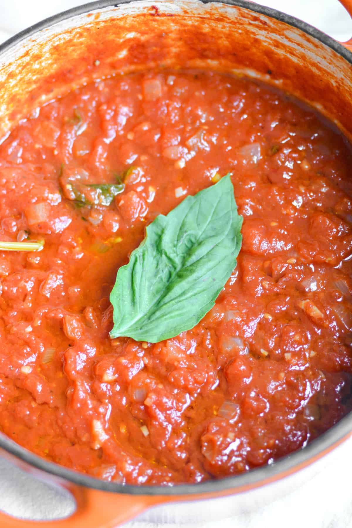 Hearty Marinara Sauce in a pot with a basil leaf on top of it.