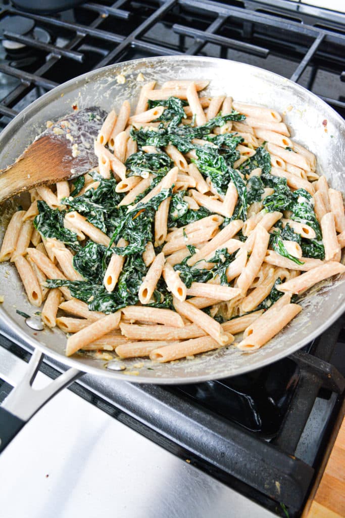 Creamy Garlic Pasta with Kale in a skillet