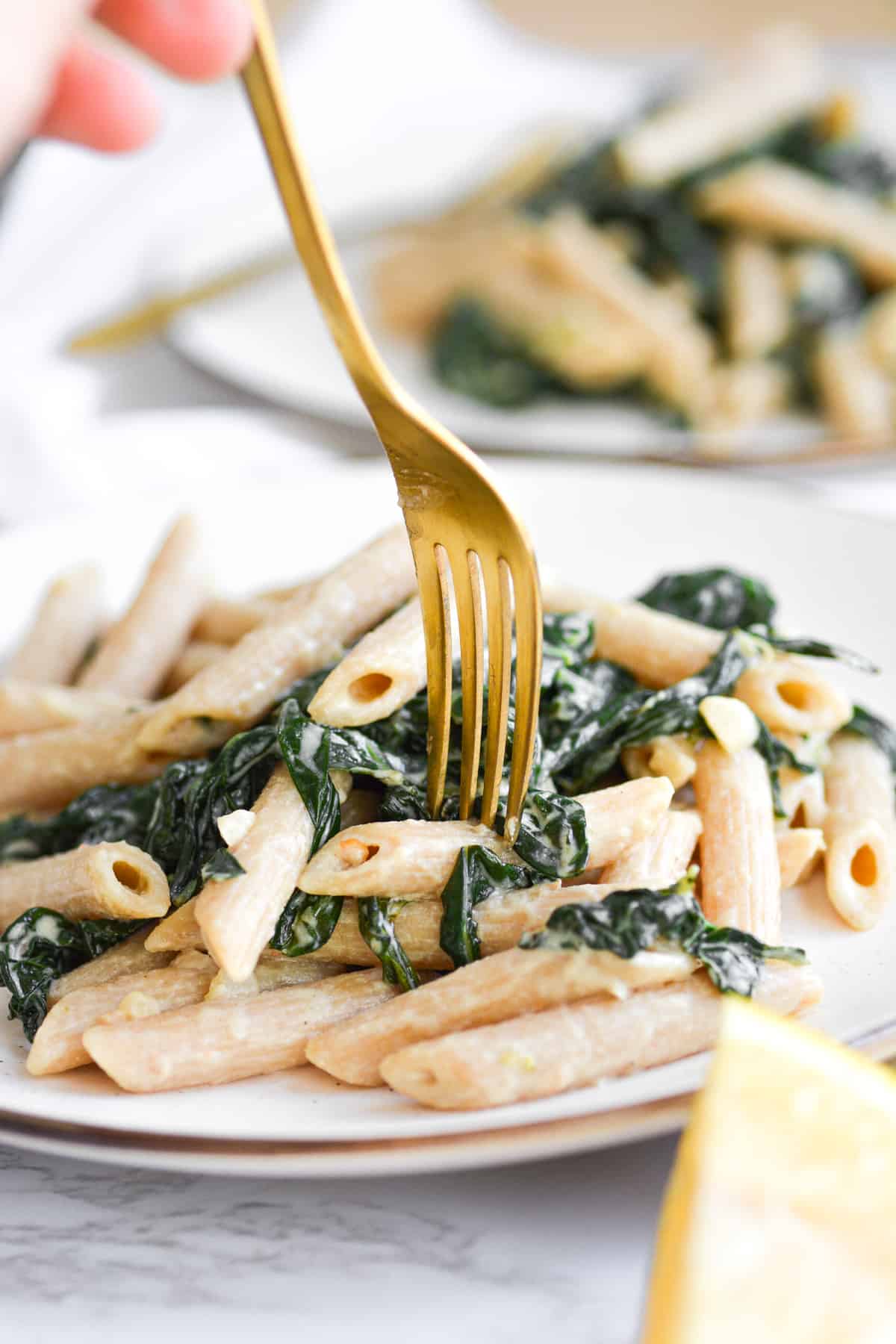 Vegan Creamy Tahini Pasta on a plate with a gold fork