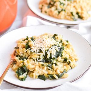A plate of Vegan Kale and Leek Risotto topped with vegan parmesean