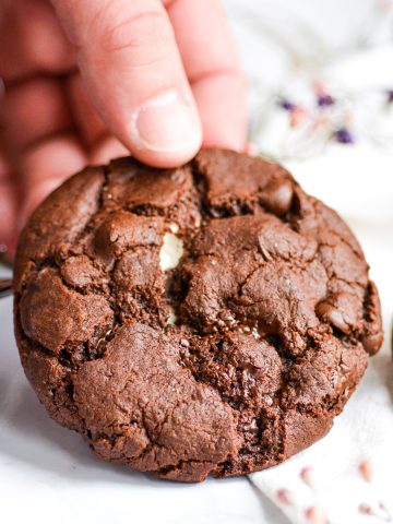 feature image of hand holding a vegan dark chocolate marshmallow cookie