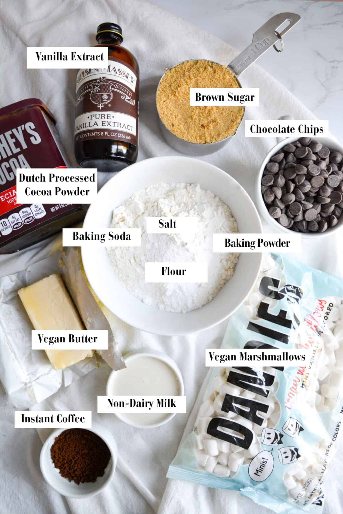 Overhead shot of ingredients to make vegan hot cocoa marshmallow cookies
