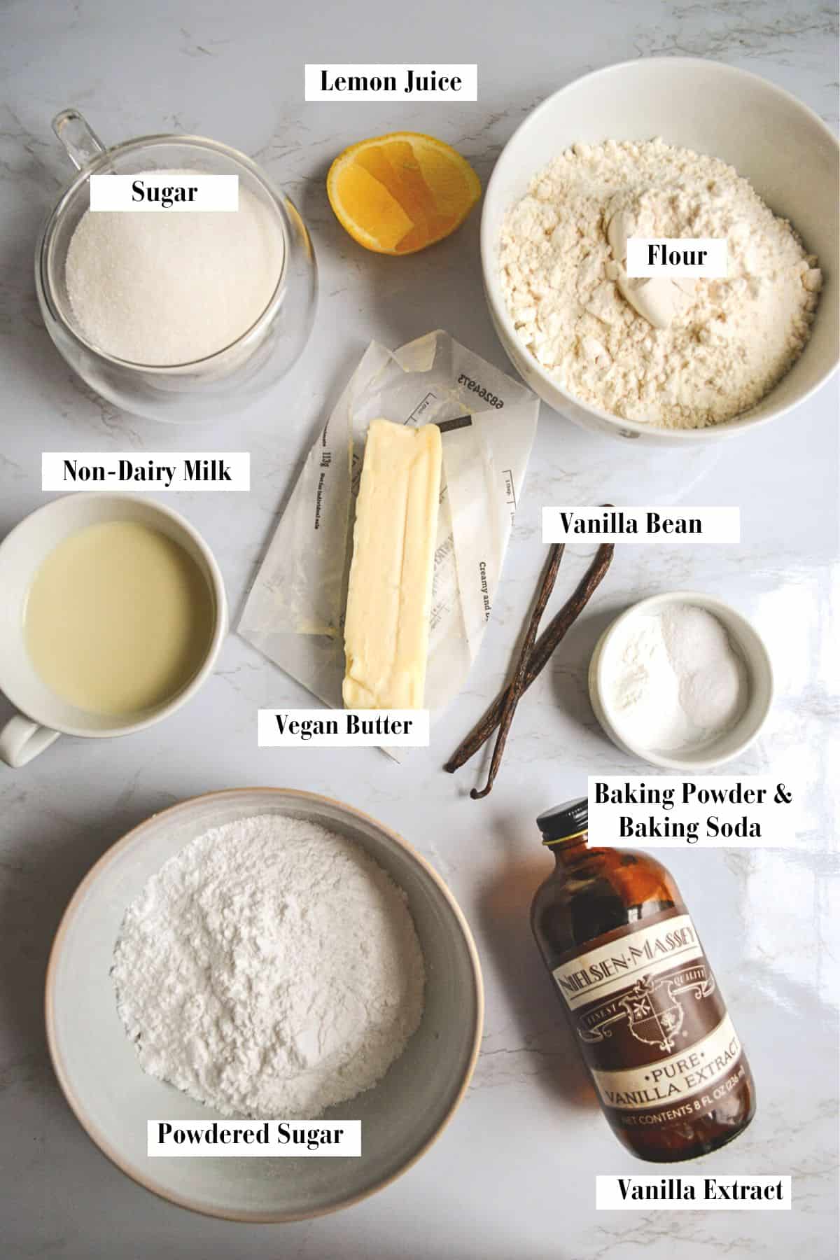 Ingredients for making this vegan scones recipe on a marble surface.