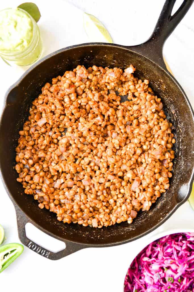 Lentils in a cast iron skillet