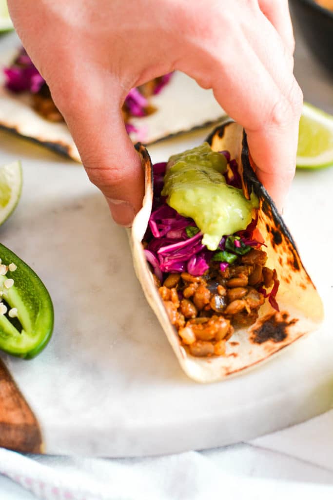 Hand holding a lentil taco with toppings on it.