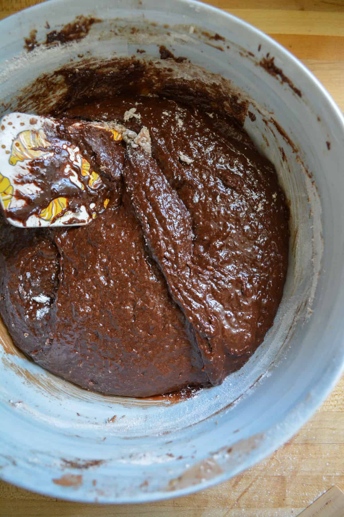 Finished dairy free brownie batter in a mixing bowl.