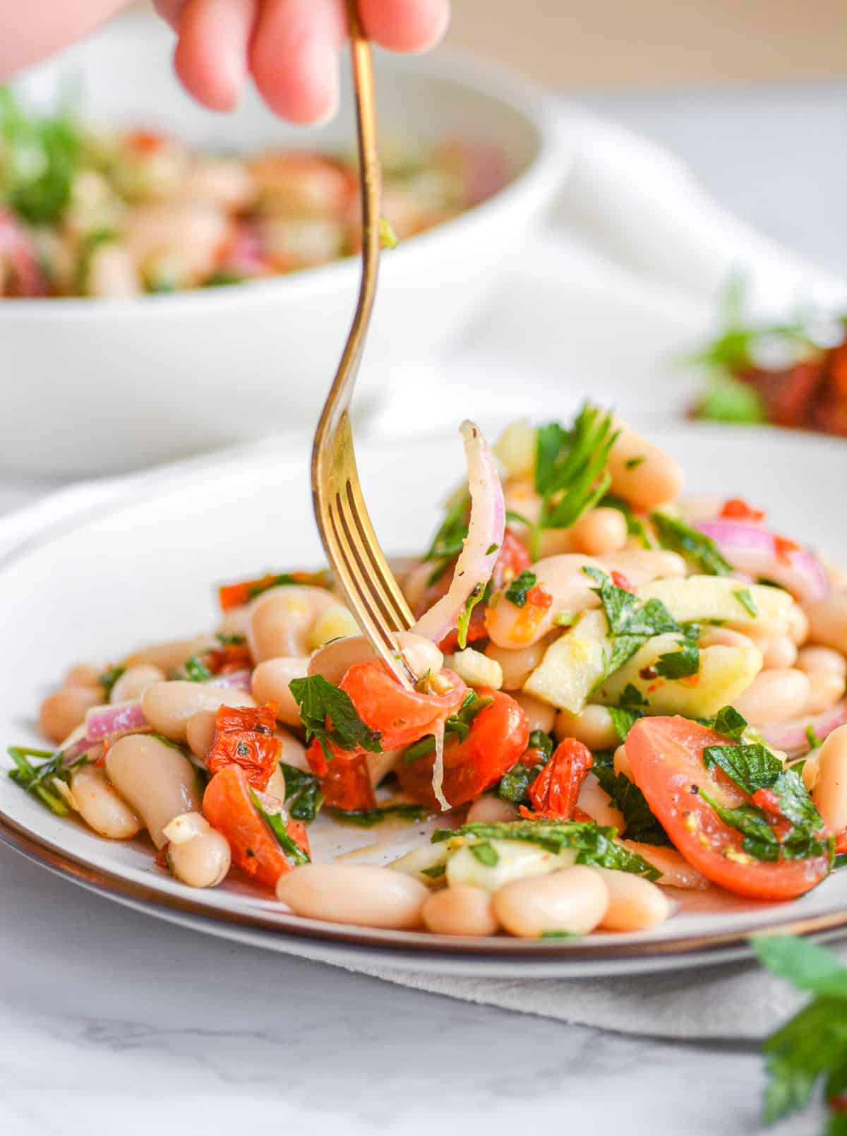 Fork with a bite of Tuscan cannellini bean salad on it