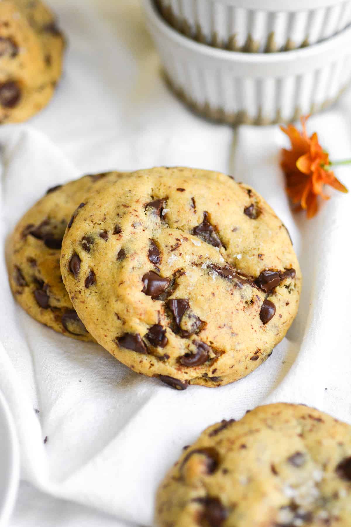 Thick Vegan Levain Cookies on a white cloth