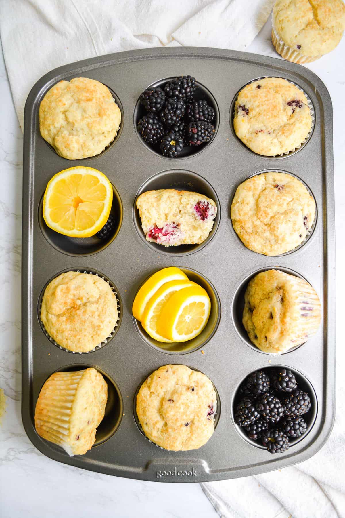 Overhead shot of muffins in a muffin tin