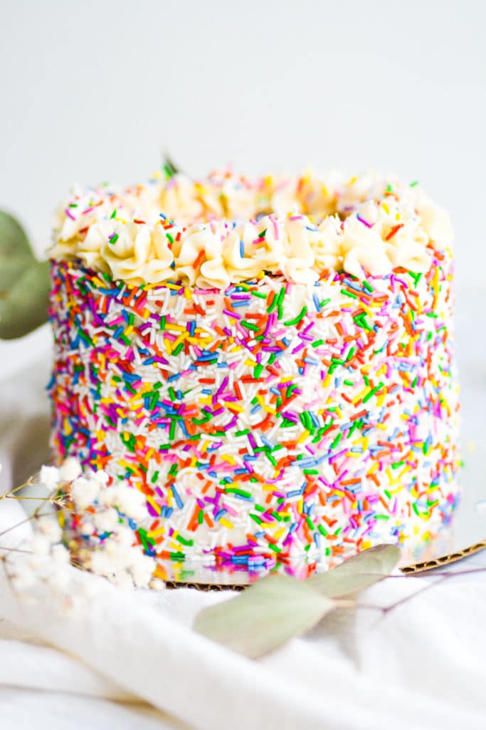 egg free and dairy free cake covered in sprinkles on a white board