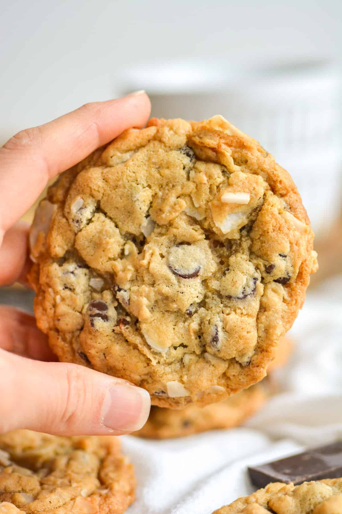 Hand holding a vegan oatmeal coconut chocolate chip cookie.