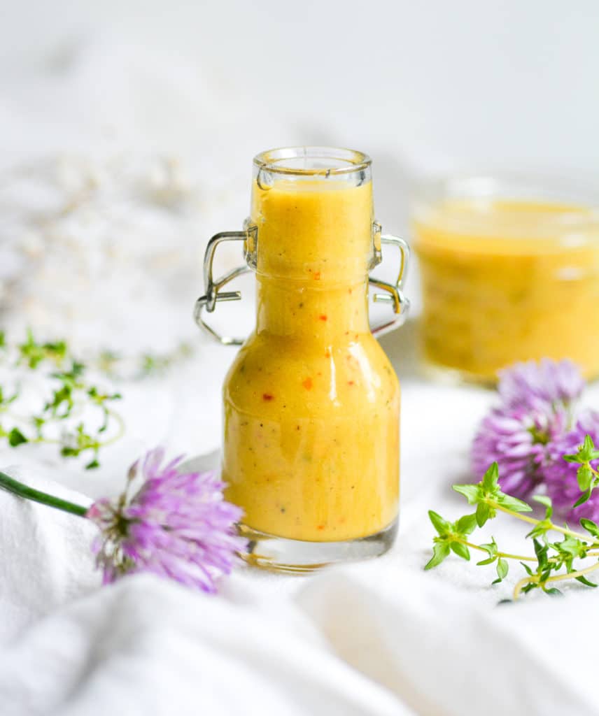 Vegan Honey Mustard Dressing in a small jar