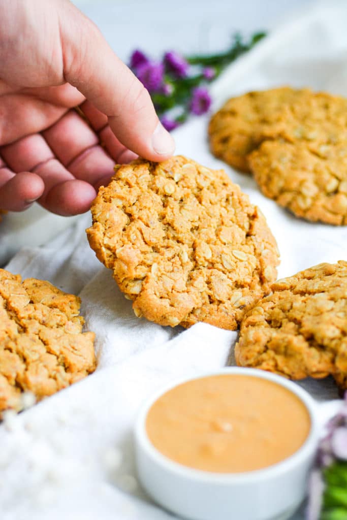 Hand holding a vegan oatmeal peanut butter cookie