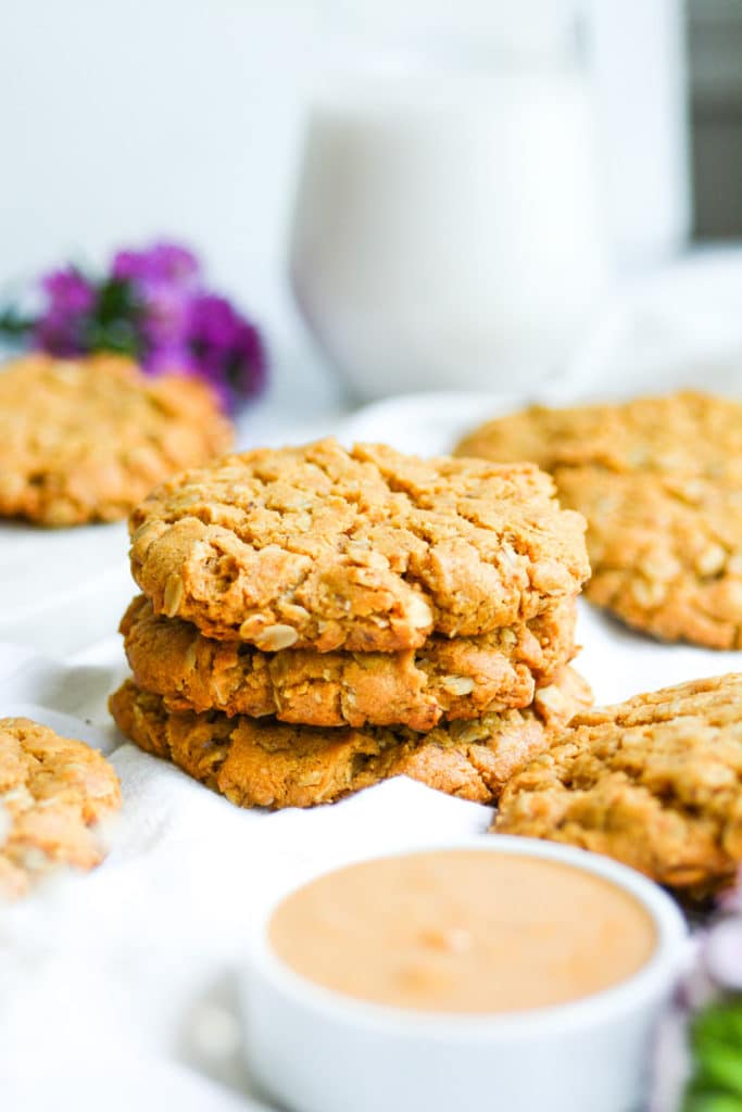 Stack of three eggless and dairy free oatmeal cookies
