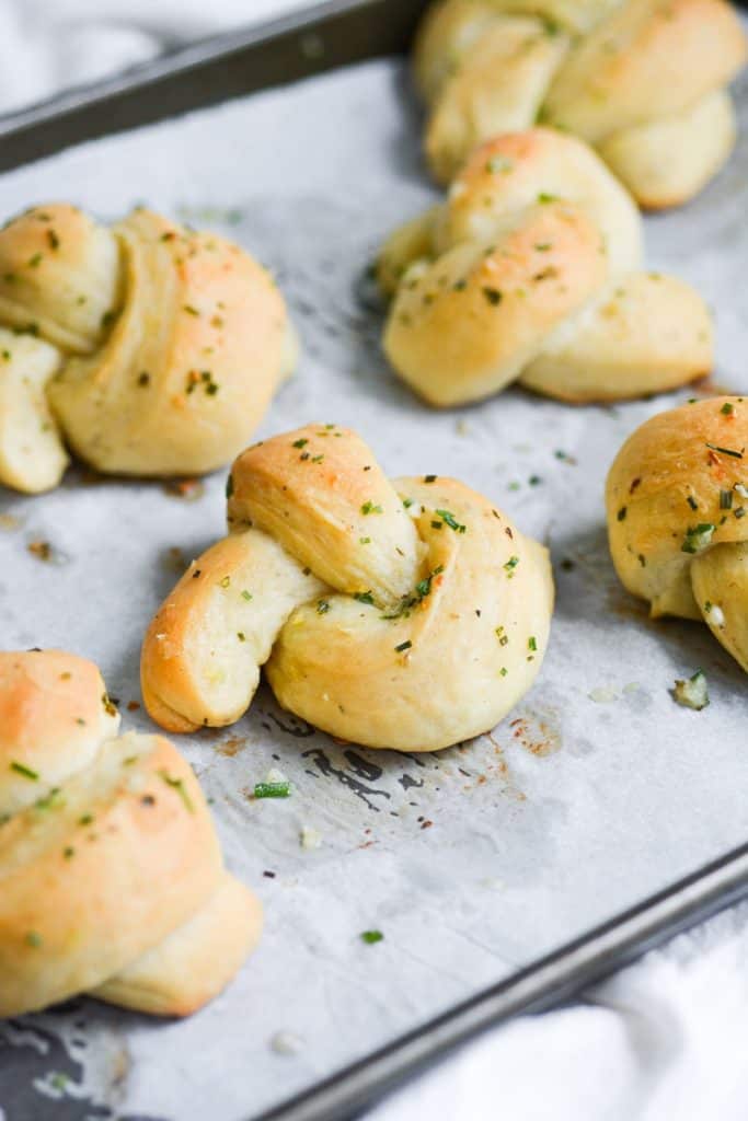 Vegan Garlic Knots on a baking tray
